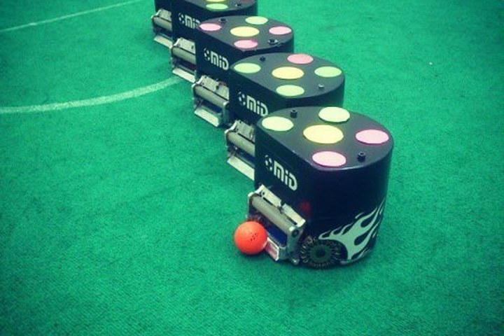 Omid Robotics Team Small Size League soccer robots lined up on the pitch